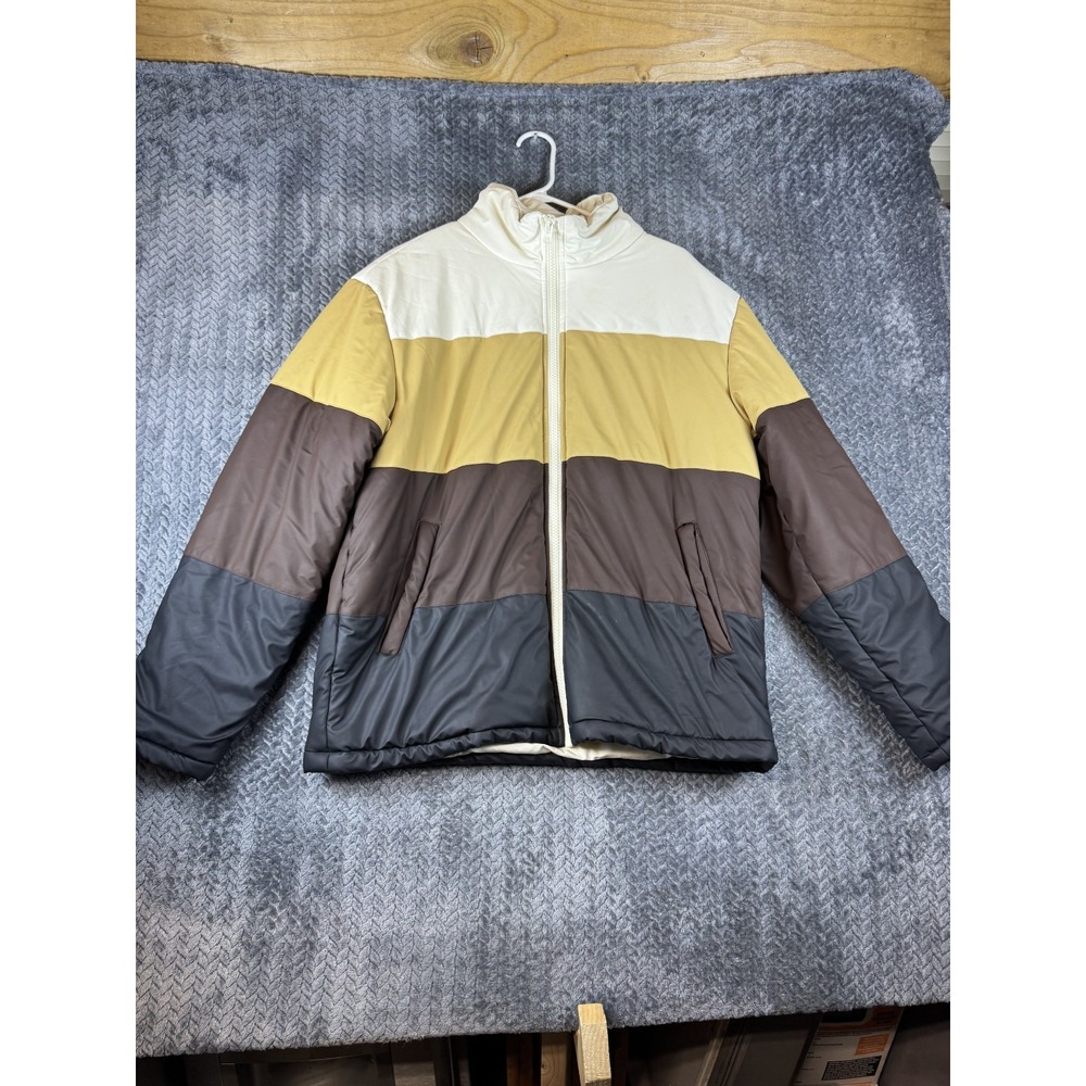 Forever 21 Mens Puffer Jacket Medium Multicolor Colorblock Full Zip Mock Neck